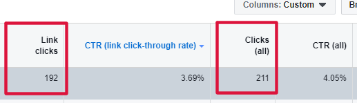 Table showing Facebook Ads Link and Clicks All CTR