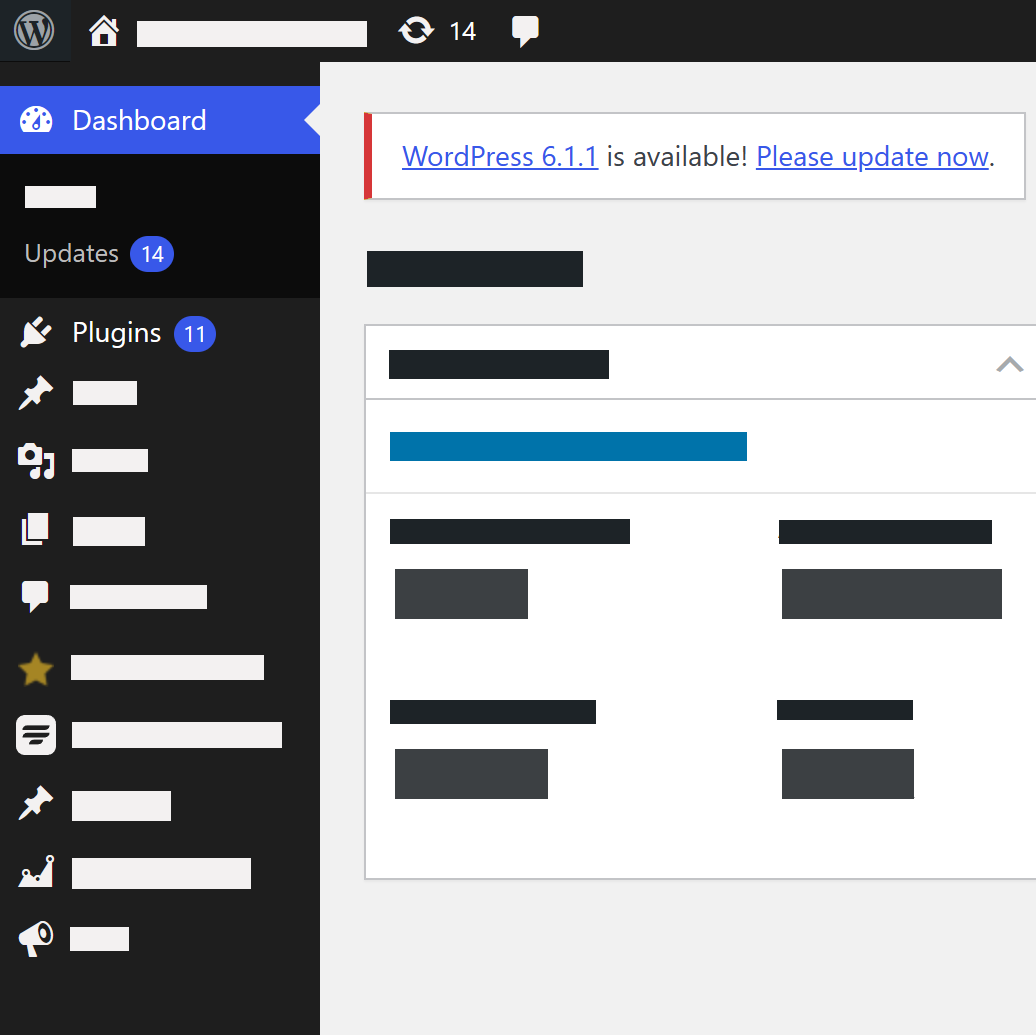 WordPress admin dashboard with lots of updates