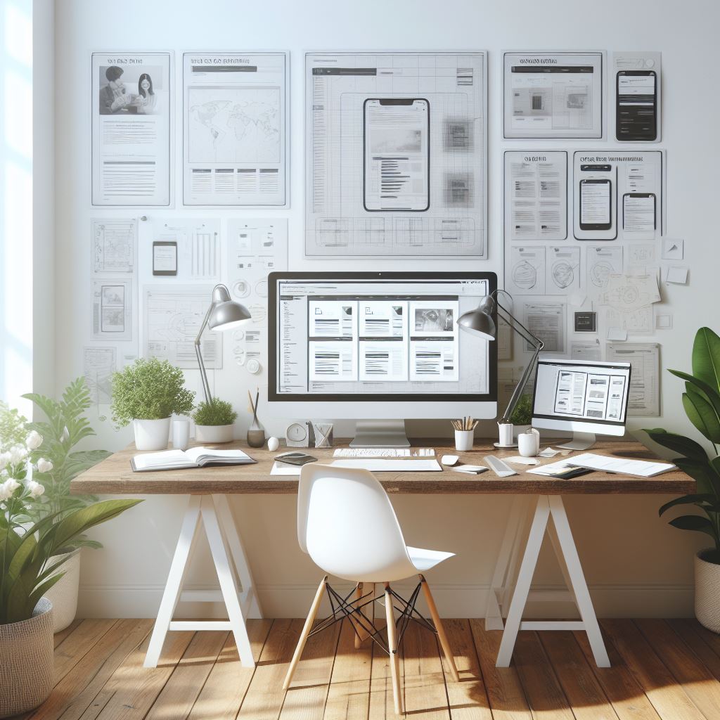 Image of a WordPress developers workspace with wireframes and code